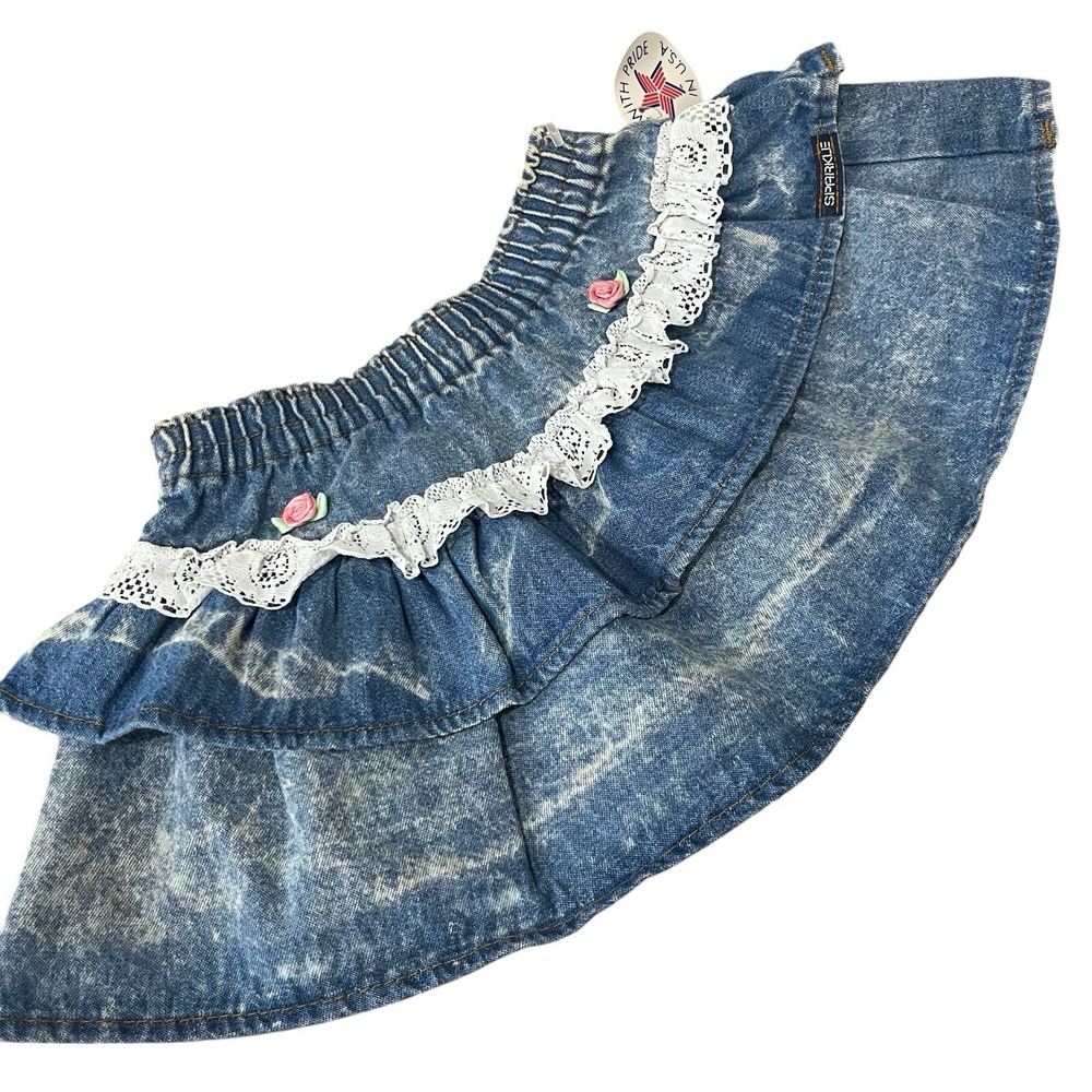 Vintage Sparkle NWT  jean skirt 2T Acid Wash 90s Ruffles Lace Flower 100% Cotton